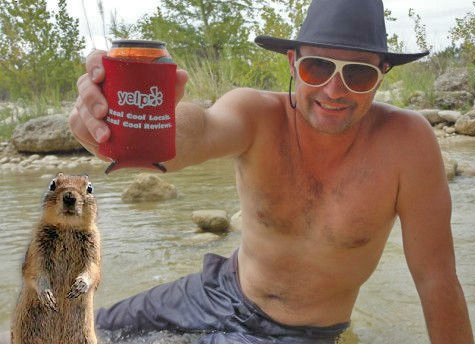 yelp koozie in the rio frio with crasher squirrel
