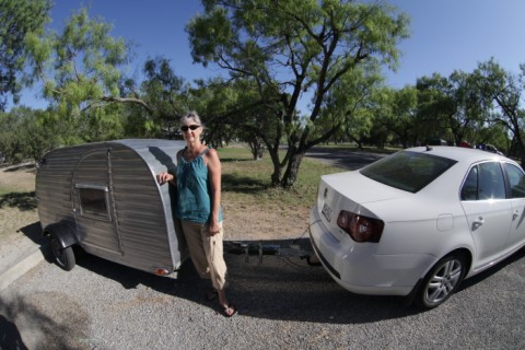 VW jetta TDI pulls teardrop trailer