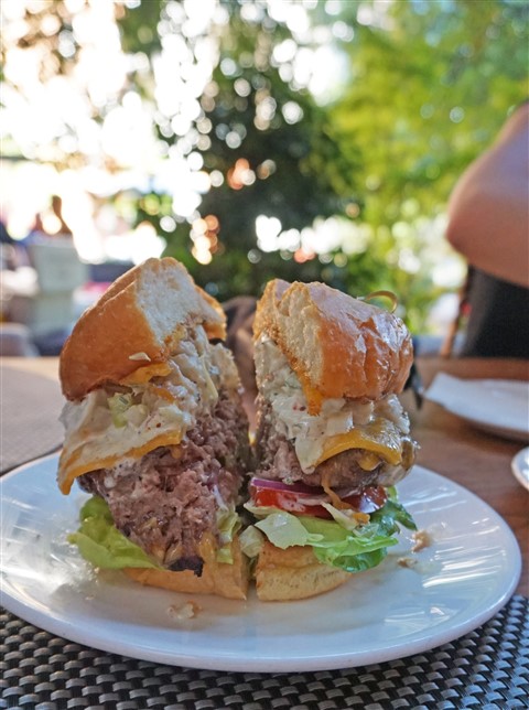 HH burger with deviled crab at TRACE Happy Hour W Hotel summer 2015