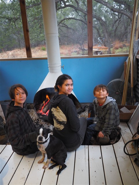 midcentury modern hill country cabin fireplace