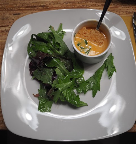 roasted red pepper soup with cheese crisp