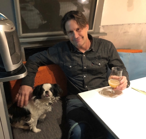 Goji the Japanese Chin in the Craft Beer Airstream