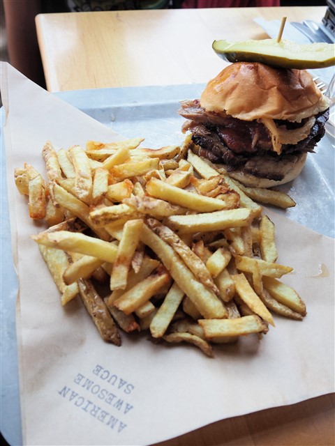 prohibition pig brisket sandwich and duck fat fries