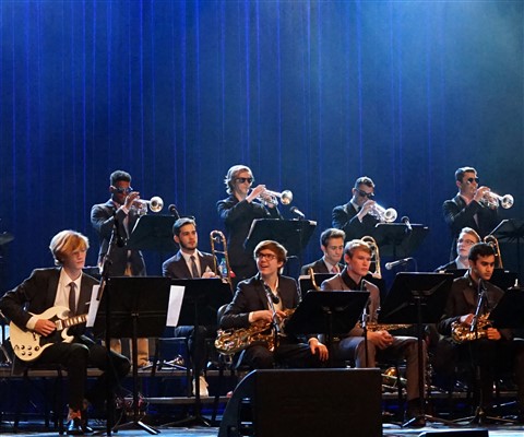 westlake jazz ensemble horn section with sunglasses