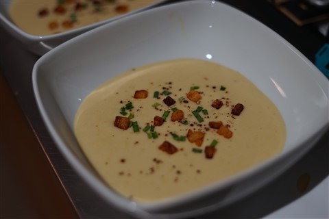potato leek soup with crispy potato floaters