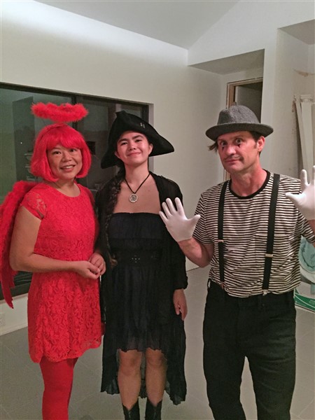 red angel girl, pirate girl, mime guy